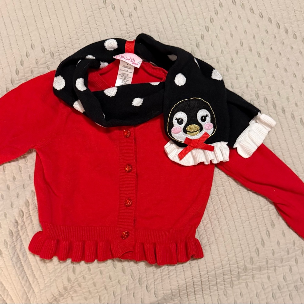 Red Cardigan with Penguin Scarf